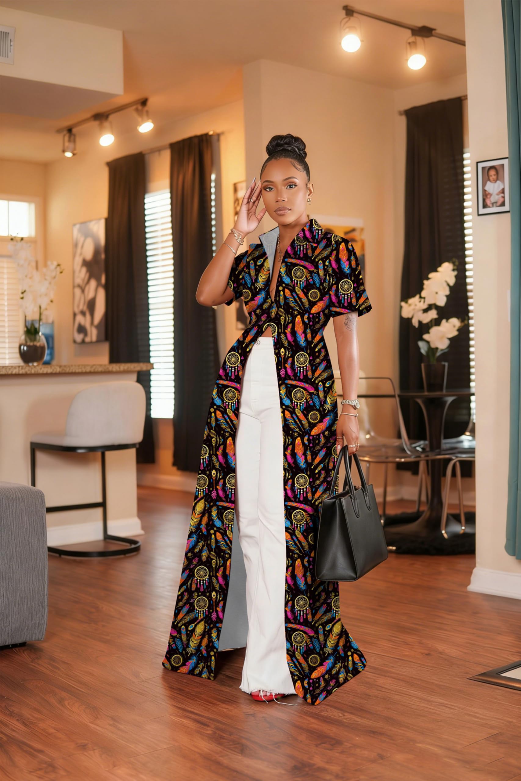 Summer Womens Top Maxi Long Short Sleeve V Neck Zip Up Casual Blouse Kimono Tee Shirt Dress with Pocket for Women