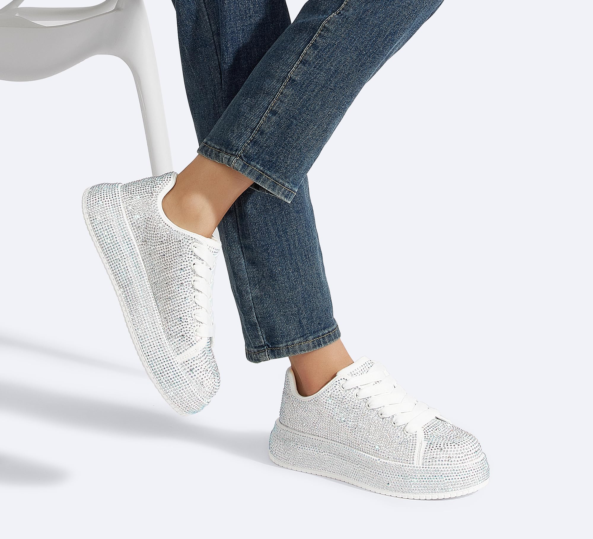 LUCKY STEP Rhinestone Platform Sneakers for Women | Sparkly Glitter Bling Tennis Shoes Fashion Wedding Party Walking Sneakers