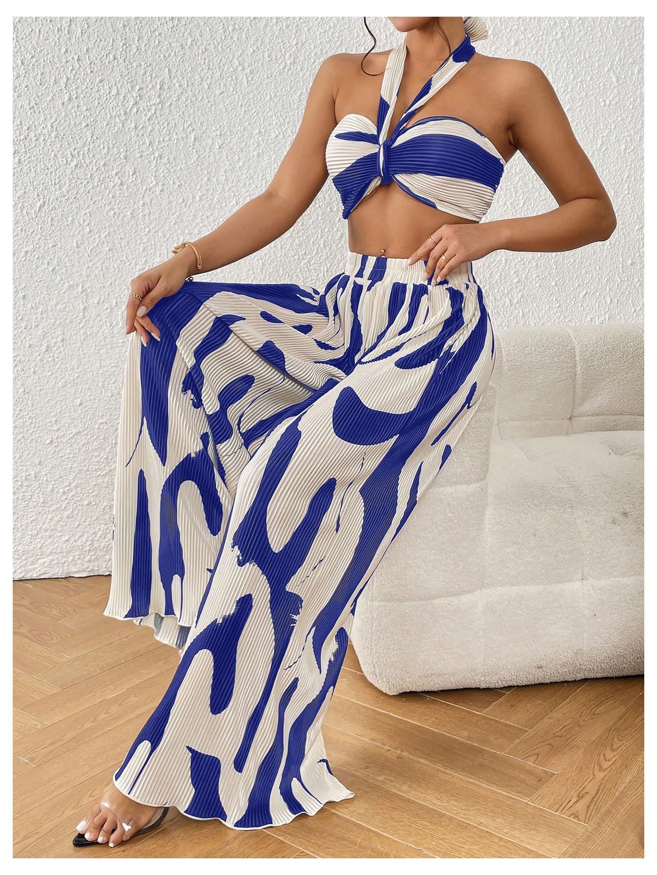 OYOANGLE Women's 2 Piece Graphic Halter Top Wide Leg Pants Vacation Outfits | Knitted, Sleeveless, Crop, High Waist, Beach Club, Summer Sets, Sexy Resort Wear