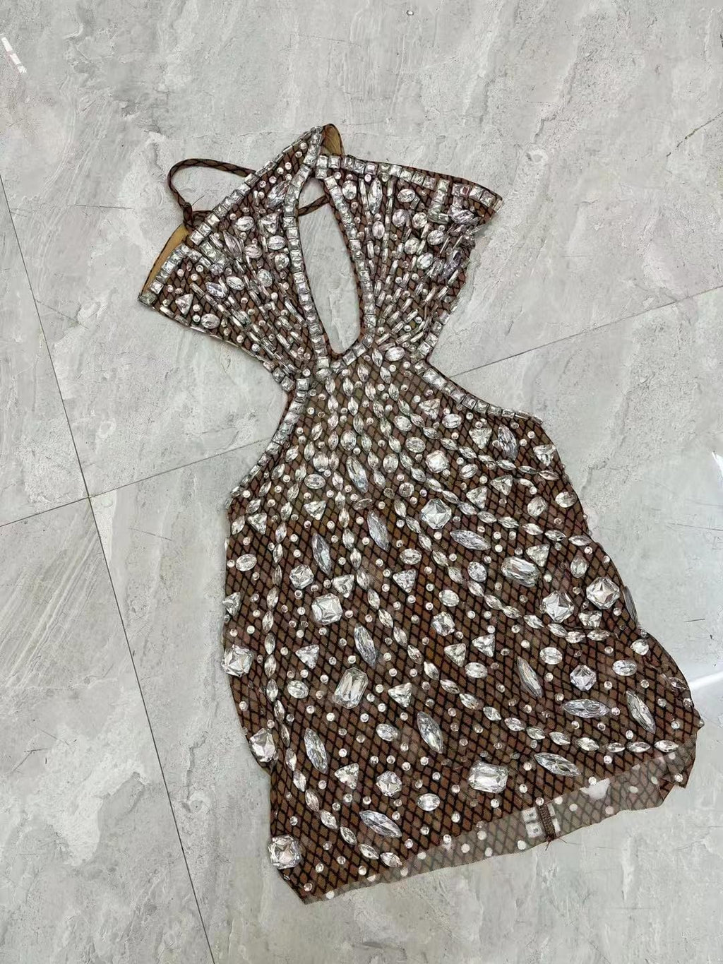 Sexy Backless Rhinestones Mini Dress Mesh Transparent Bodycon Party Outfit Women Cocktail Birthday Club Dress