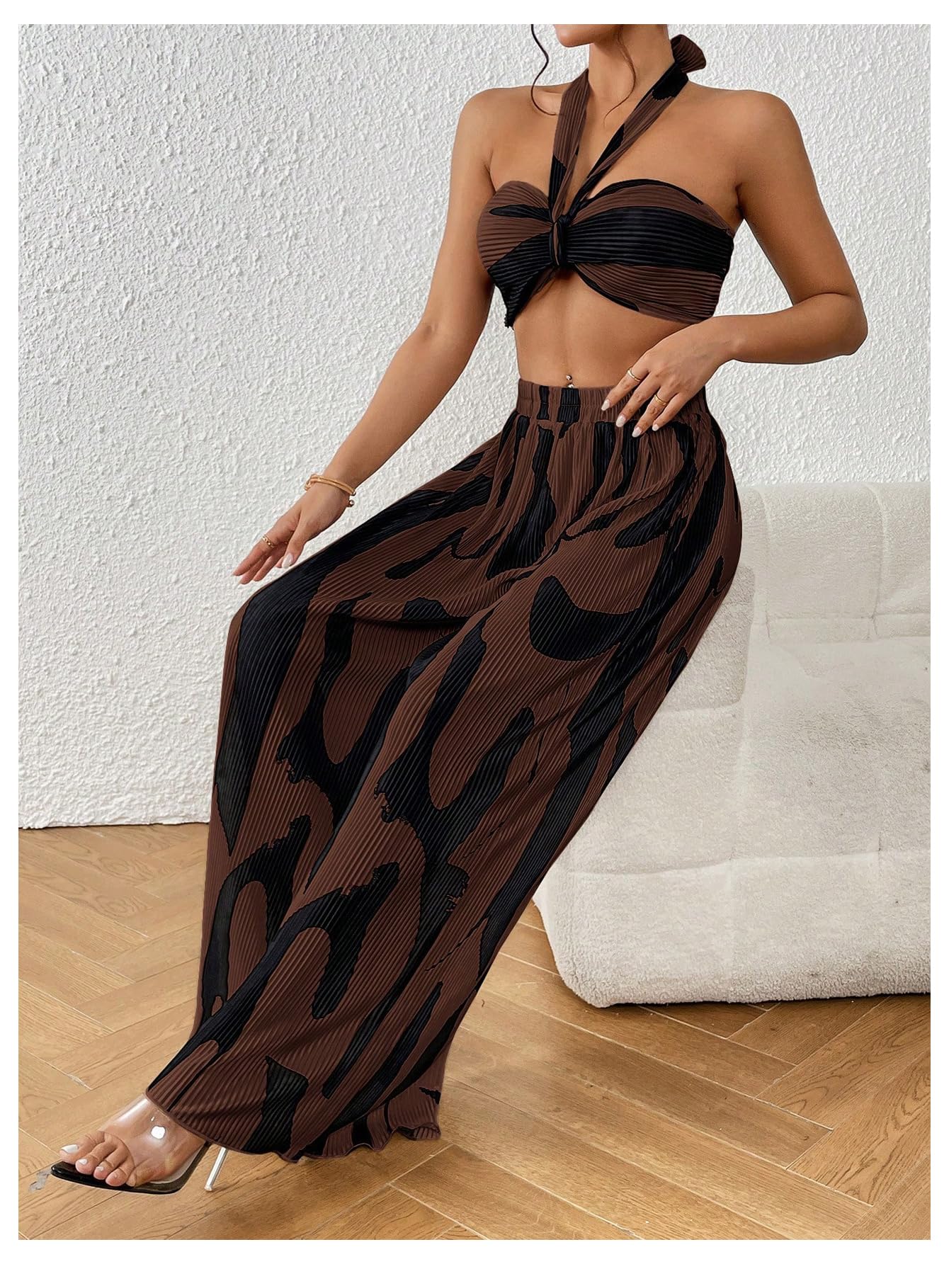 OYOANGLE Women's 2 Piece Graphic Halter Top Wide Leg Pants Vacation Outfits | Knitted, Sleeveless, Crop, High Waist, Beach Club, Summer Sets, Sexy Resort Wear