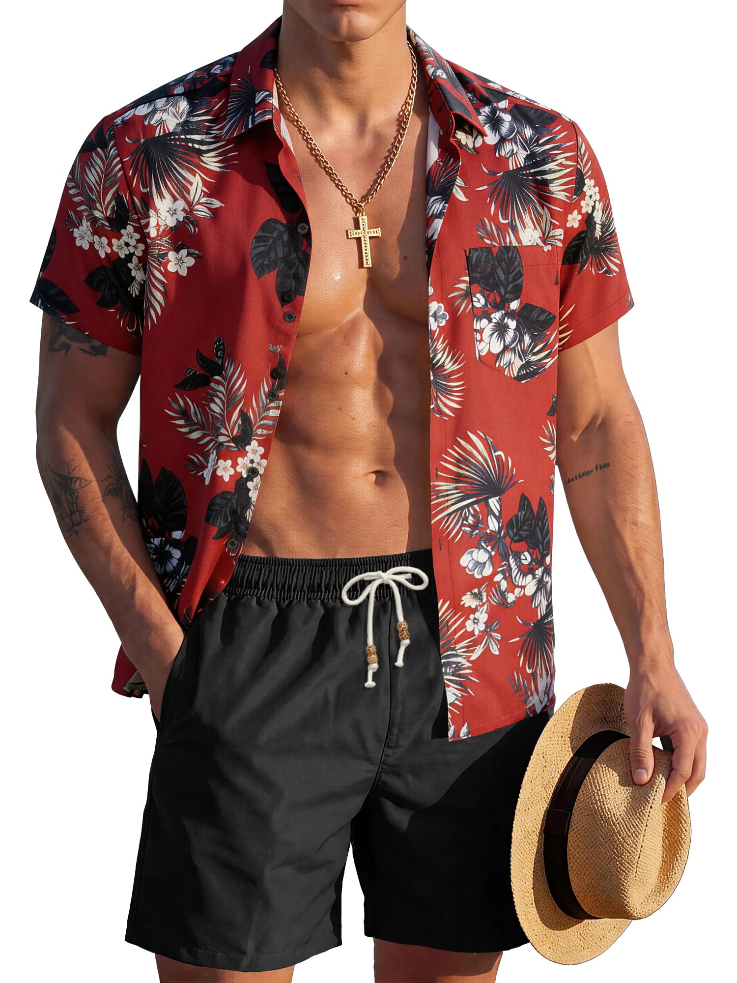 JEMLDL Men's Hawaiian 2 Piece Outfits Floral Button Down Shirts & Linen Shorts Sets Summer Beach Travel Clothes