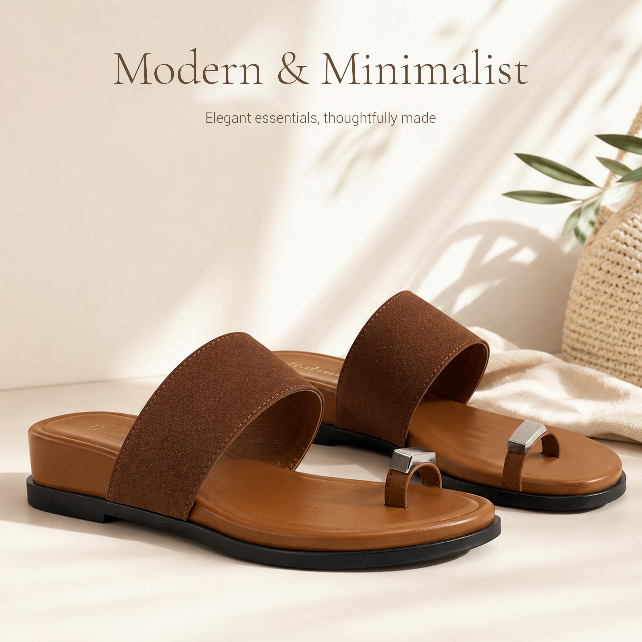 REFRASE LIFE Women's Toe Ring Slide Sandals Strappy Toe Loop Slip On Open Toe Flip Flops, Casual Summer Beach Shoes