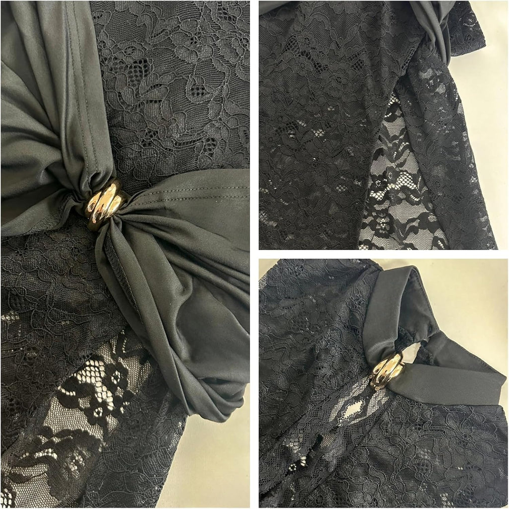 OCUH Black Lace Dress Sheer Maxi Dresses Sexy Outfit for Women Going Out High Slit Skirt Bodycon Vacation Party Wear
