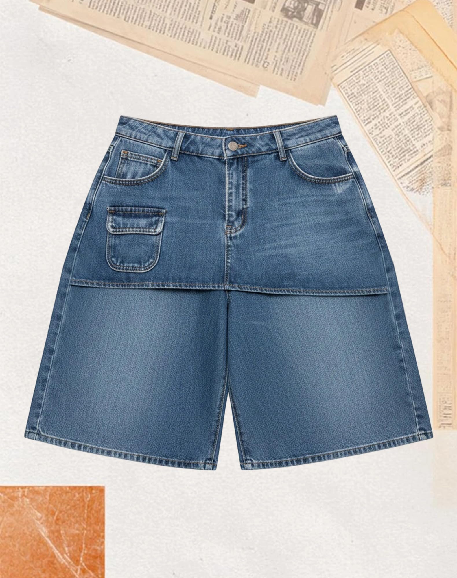 Women's Plus Size Cargo Jean Shorts Asymmetrical Patchwork Jorts | Baggy,High Waisted,Wide Leg,Overlay Skirt,Knee Length,Stretchy,Bermuda Shorts,with Pockets,Y2K Streetwear