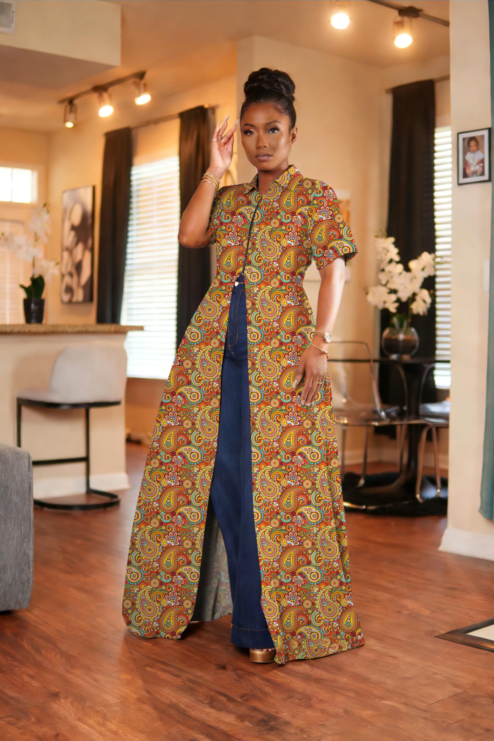 Summer Womens Top Maxi Long Short Sleeve V Neck Zip Up Casual Blouse Kimono Tee Shirt Dress with Pocket for Women