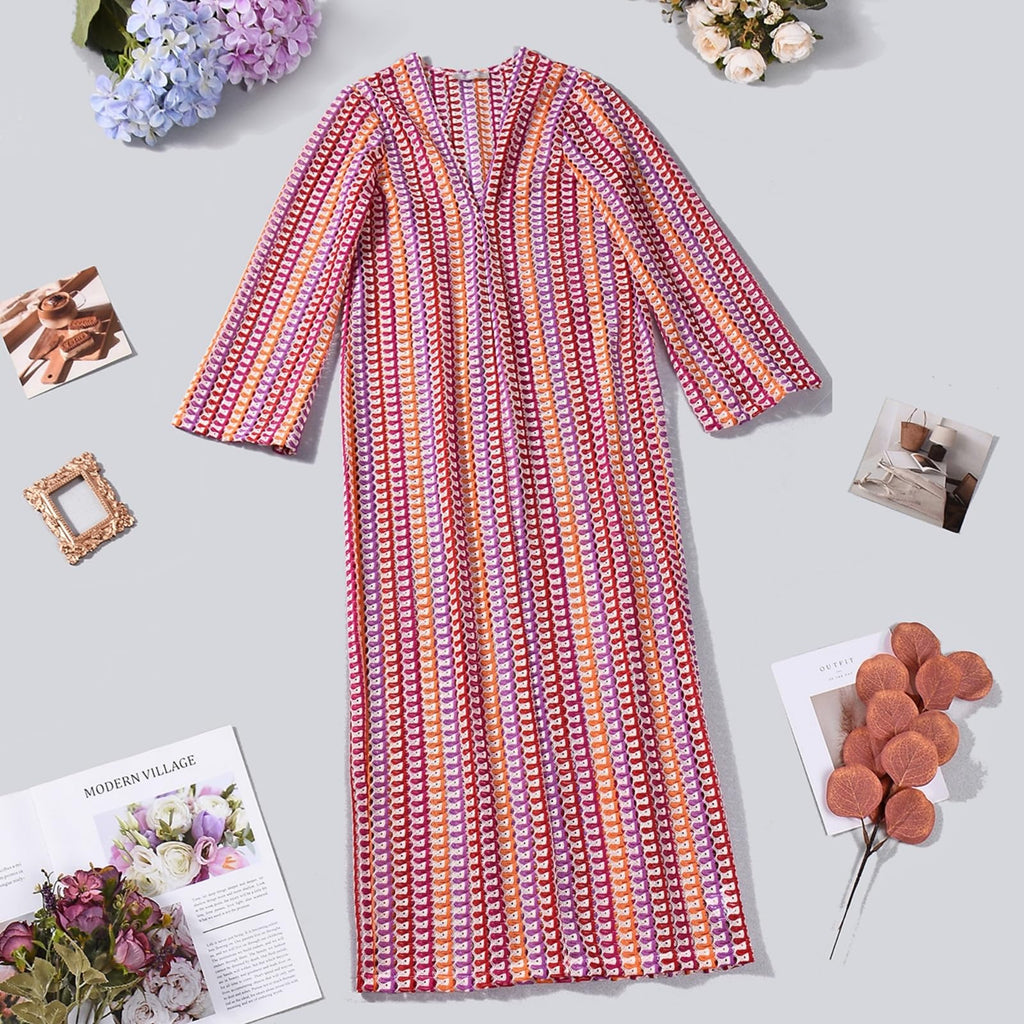 Womens Crochet Colorful Bell Long Sleeve V Neck Loose Maxi Dress Sexy Boho Eyelet Long Sundresses with Slit