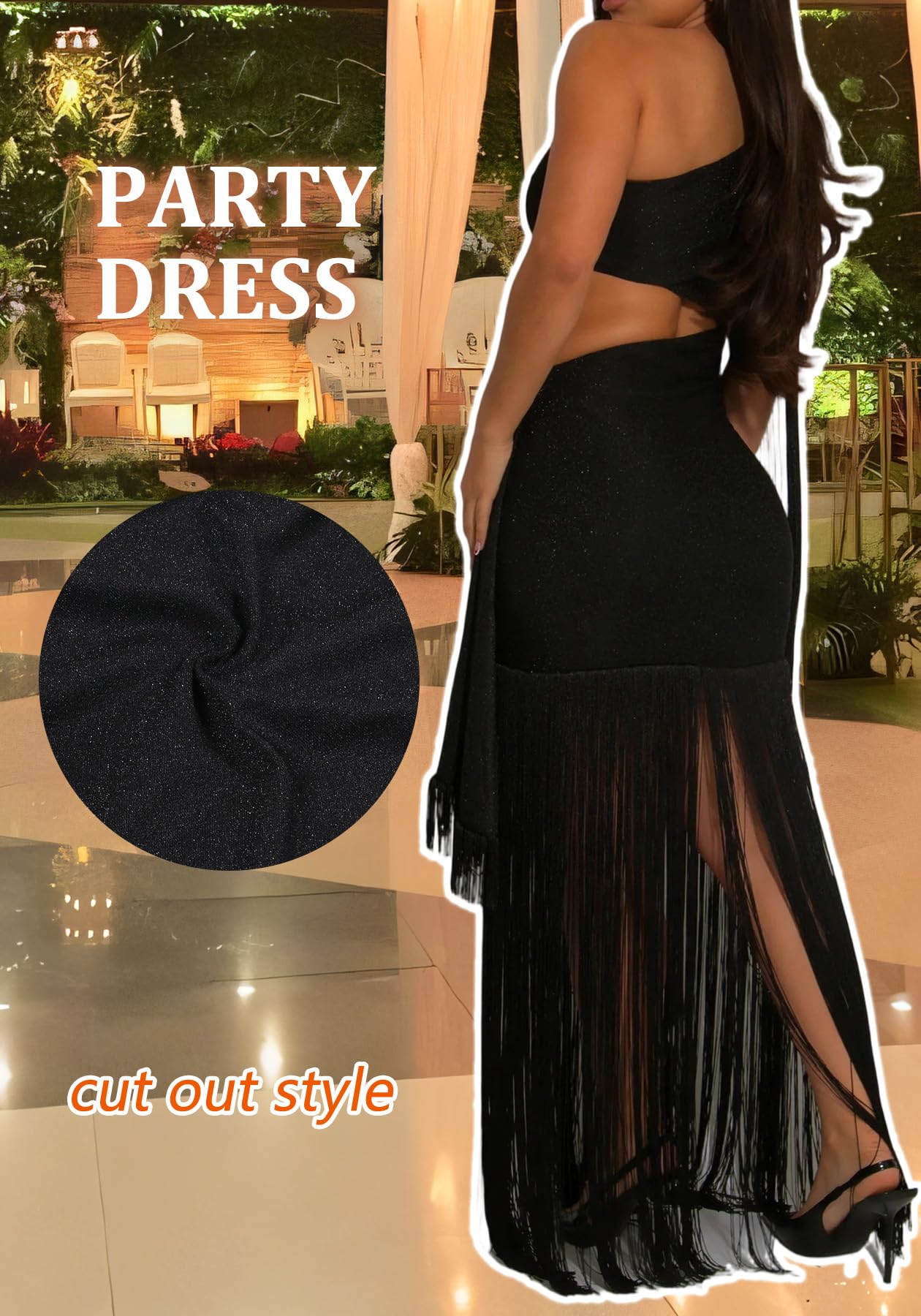 Geulis Women Wedding Guest Dresses Elegant One Shlouder Fringe Dress | Sexy Bodycon Maxi Dress,Cutout off the Shoulder Cocktail Evening Party Formal Dress,Sparkly Glitter,With Tassels