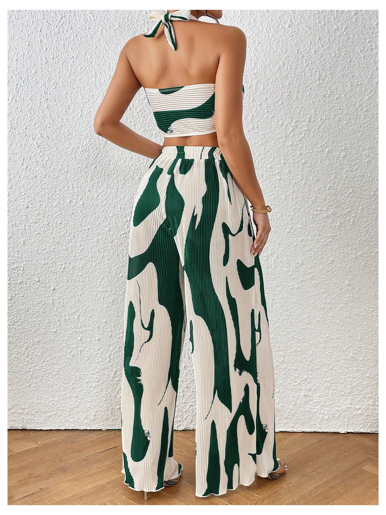 OYOANGLE Women's 2 Piece Graphic Halter Top Wide Leg Pants Vacation Outfits | Knitted, Sleeveless, Crop, High Waist, Beach Club, Summer Sets, Sexy Resort Wear