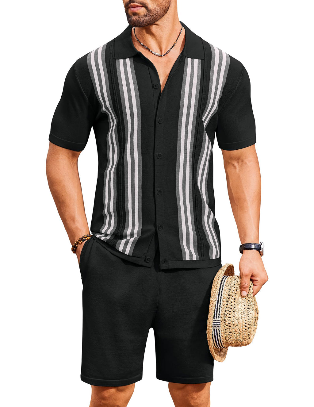 COOFANDY Men's 2 Piece Outfits Summer Short Sets Vintage Knit Button Down Shirt Short Sleeve Polo Casual Beach Suits