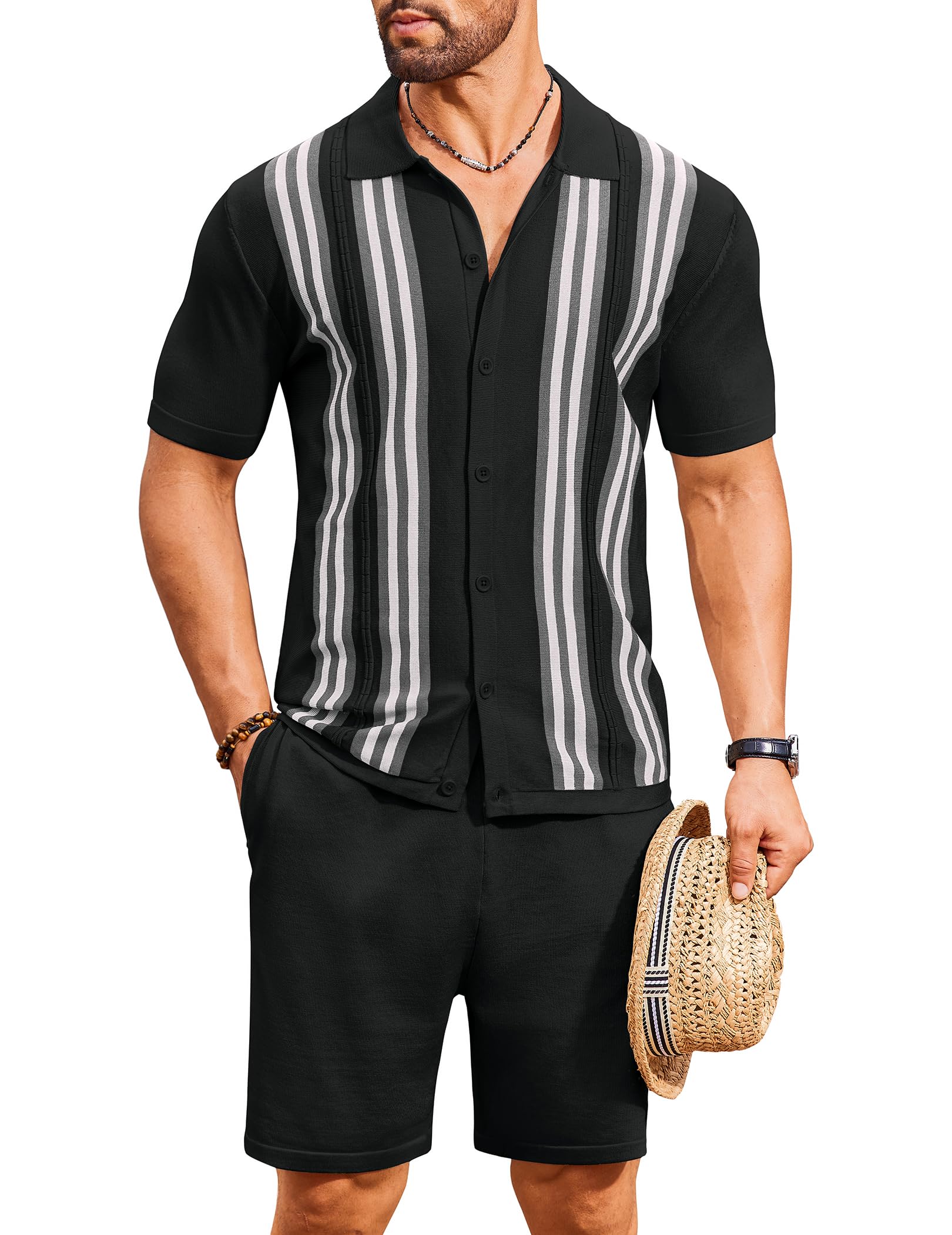 COOFANDY Men's 2 Piece Outfits Summer Short Sets Vintage Knit Button Down Shirt Short Sleeve Polo Casual Beach Suits