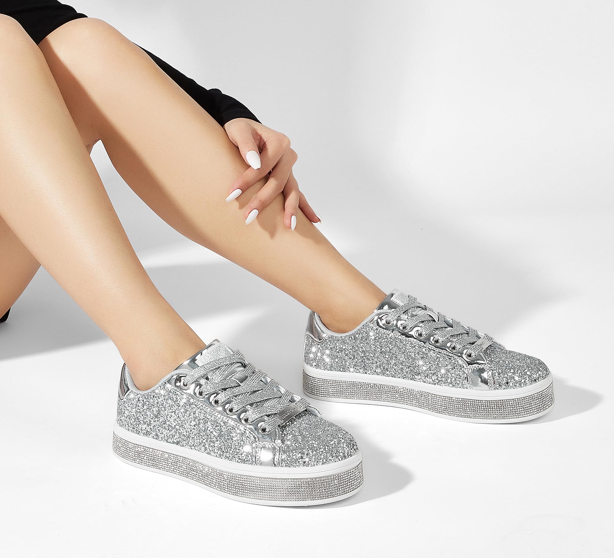 LUCKY STEP Women's Platform Sparkly Glitter Sneakers | Bling Shiny Dressy Bedazzled Wedding Bridal Fashion Walking Shoes