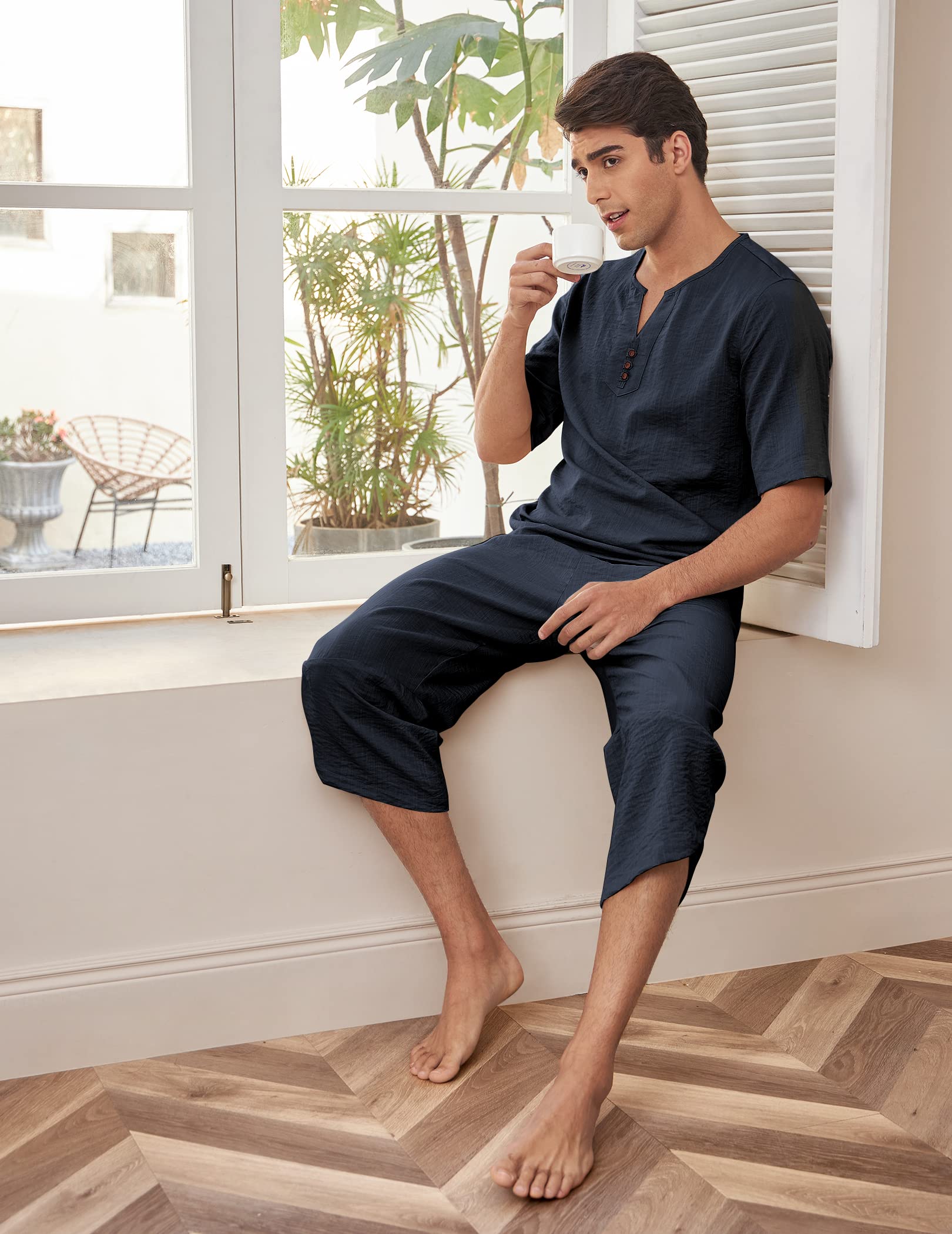 COOFANDY Men's 2 Pieces Linen Set Henley Shirt Short Sleeve and Harem Capri Pants Wide Leg Baggy Beach Yoga Trousers Outfits