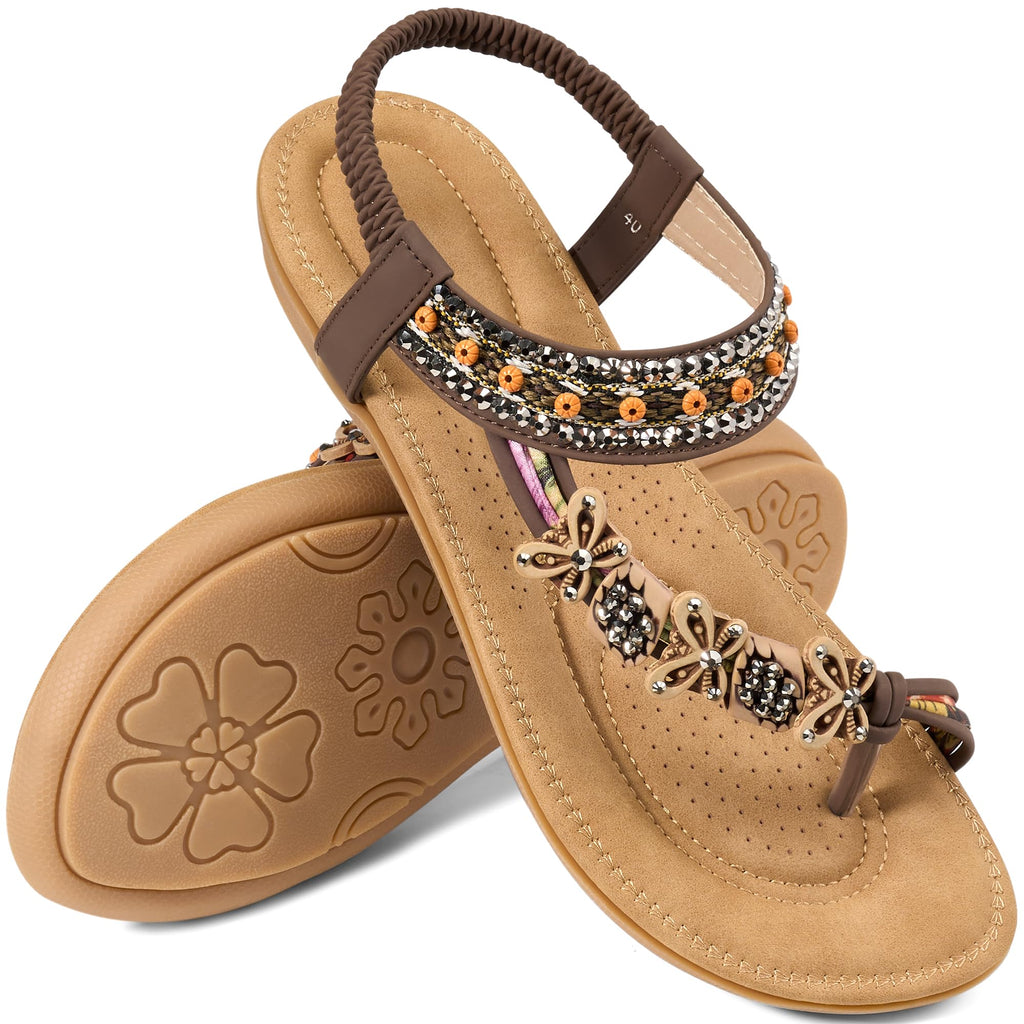Ablanczoom Flat Sandals for Women Summer: Casual Boho Beaded Toe Ring Dress Shoes - Comfortable Vacation Daily Walking Shoes