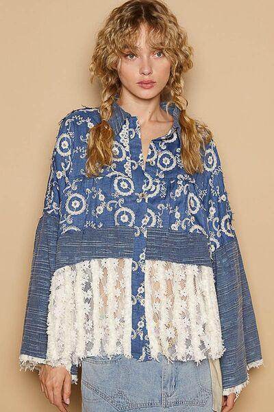POL Lace Hem Embroidered Long Sleeve Shirt for Women