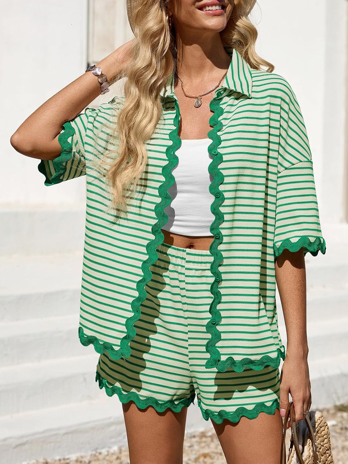 Tankaneo Womens 2 Piece Outfit Lounge Set Striped Summer Matching Sets | Summer, Short Sleeve, Button Down Shirts and Shorts, Lounge Set, Matching Sets