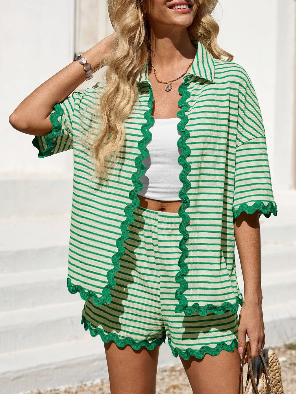Tankaneo Womens 2 Piece Outfit Lounge Set Striped Summer Matching Sets | Summer, Short Sleeve, Button Down Shirts and Shorts, Lounge Set, Matching Sets