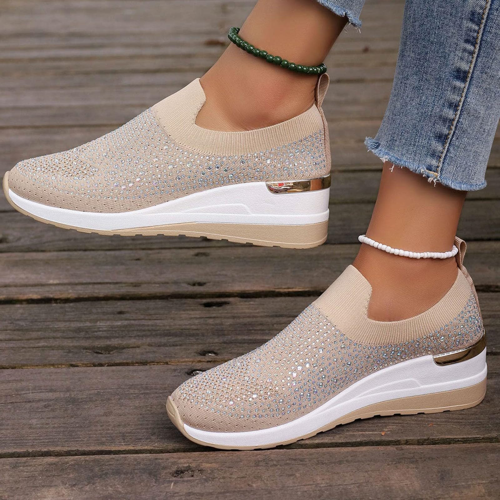 Shoes for Women Dressy Casual,Rhinestone Sneakers for Women Sparkly Bling Women's Rhinestone Mesh Slip-On Summer Shoes Breathable Spakle Glitter Comfortable Orthopedic Wedge Walking Shoes
