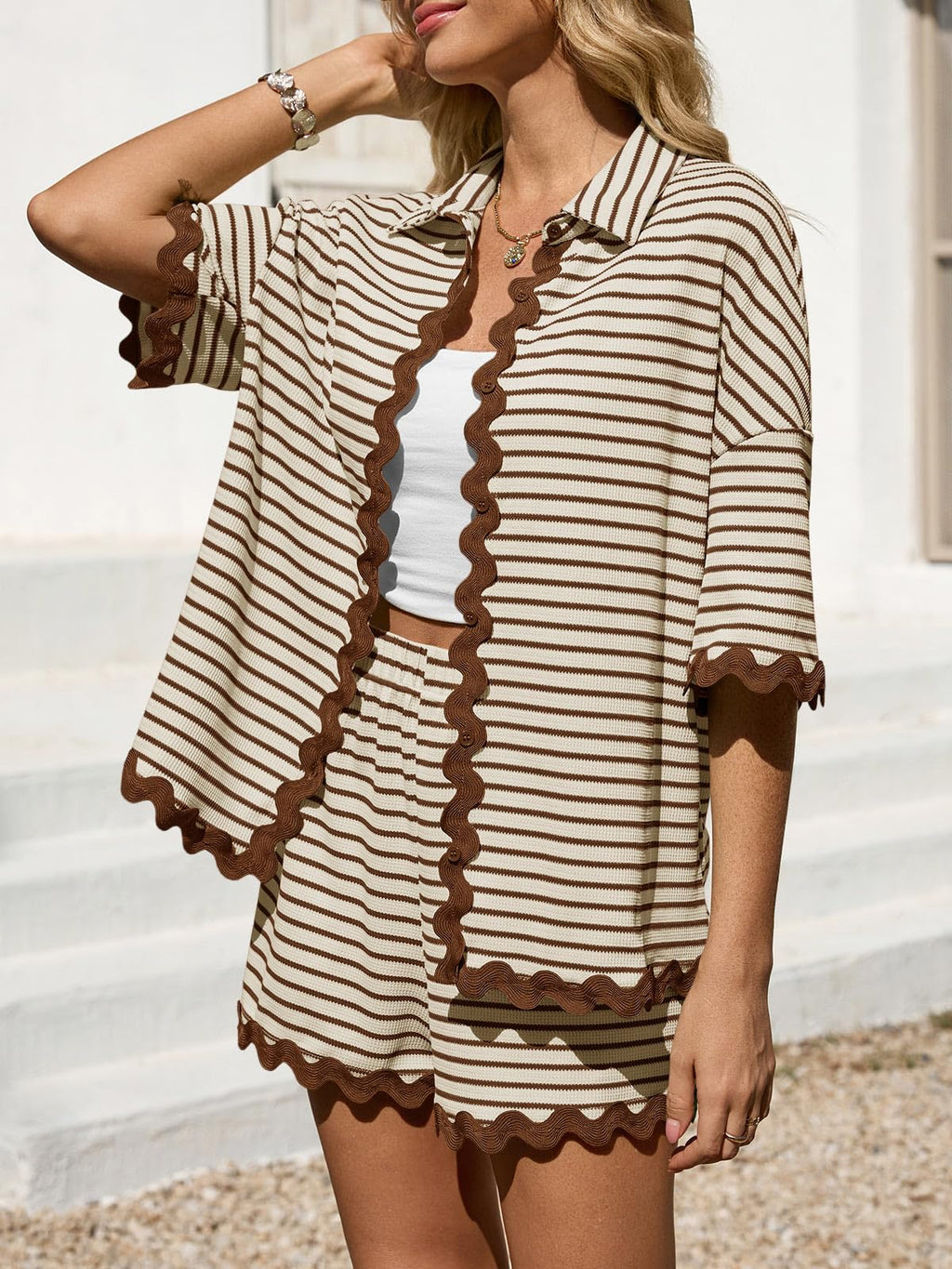 Tankaneo Womens 2 Piece Outfit Lounge Set Striped Summer Matching Sets | Summer, Short Sleeve, Button Down Shirts and Shorts, Lounge Set, Matching Sets