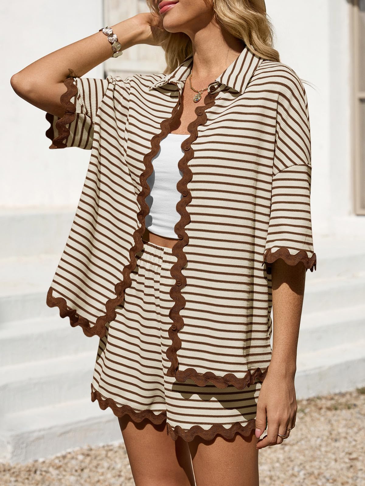 Tankaneo Womens 2 Piece Outfit Lounge Set Striped Summer Matching Sets | Summer, Short Sleeve, Button Down Shirts and Shorts, Lounge Set, Matching Sets