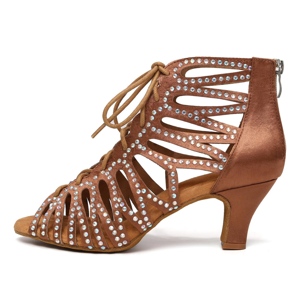 HIPPOSEUS Women's Rhinestone Latin Dance Boots | sparkly and smooth,open toe,lace-up,ankle ballroom dance shoes