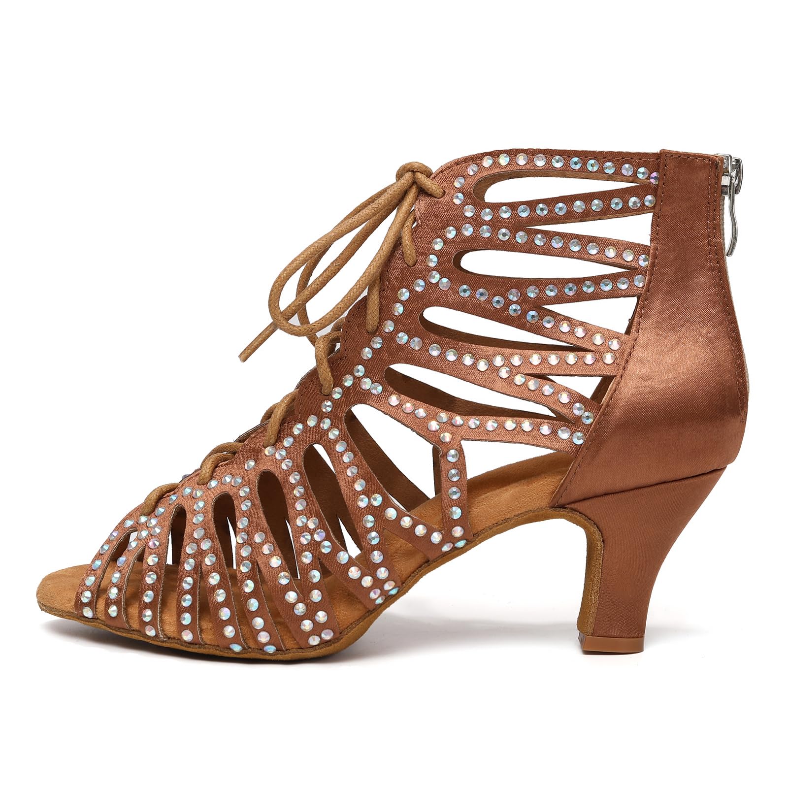 HIPPOSEUS Women's Rhinestone Latin Dance Boots | sparkly and smooth,open toe,lace-up,ankle ballroom dance shoes
