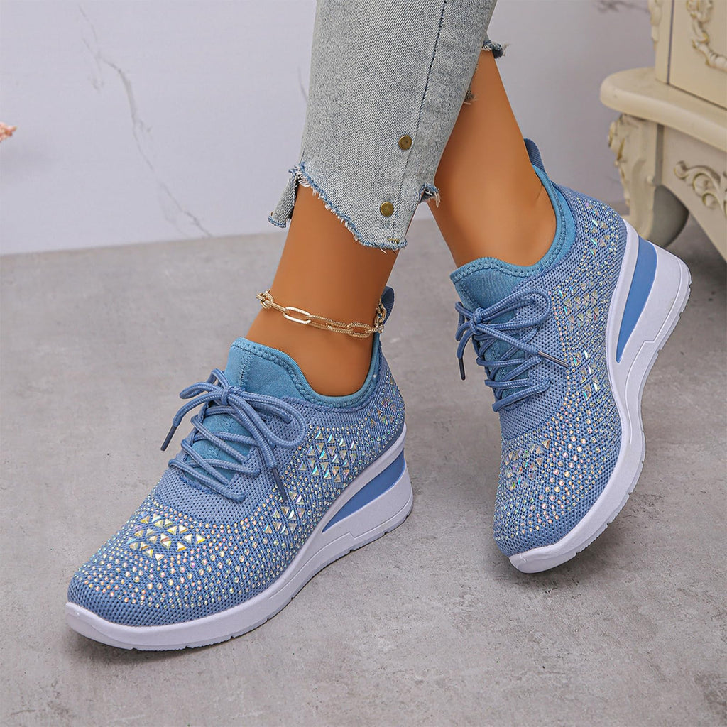 Glitter Rhinestone Wedge Sneakers with Lace-Up for Women Fashion Shiny Sequin Comfort Orthopedic Breathable Mesh Round Toe Soft Sole Tennis Walking Shoes