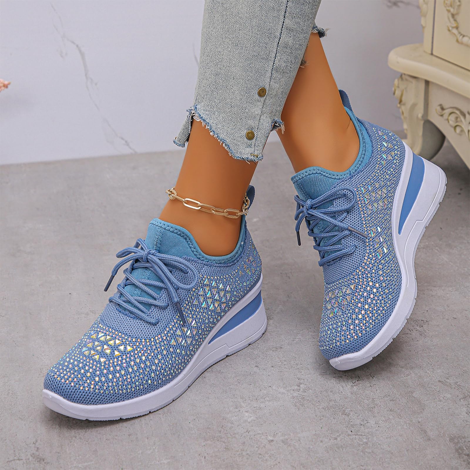 Glitter Rhinestone Wedge Sneakers with Lace-Up for Women Fashion Shiny Sequin Comfort Orthopedic Breathable Mesh Round Toe Soft Sole Tennis Walking Shoes
