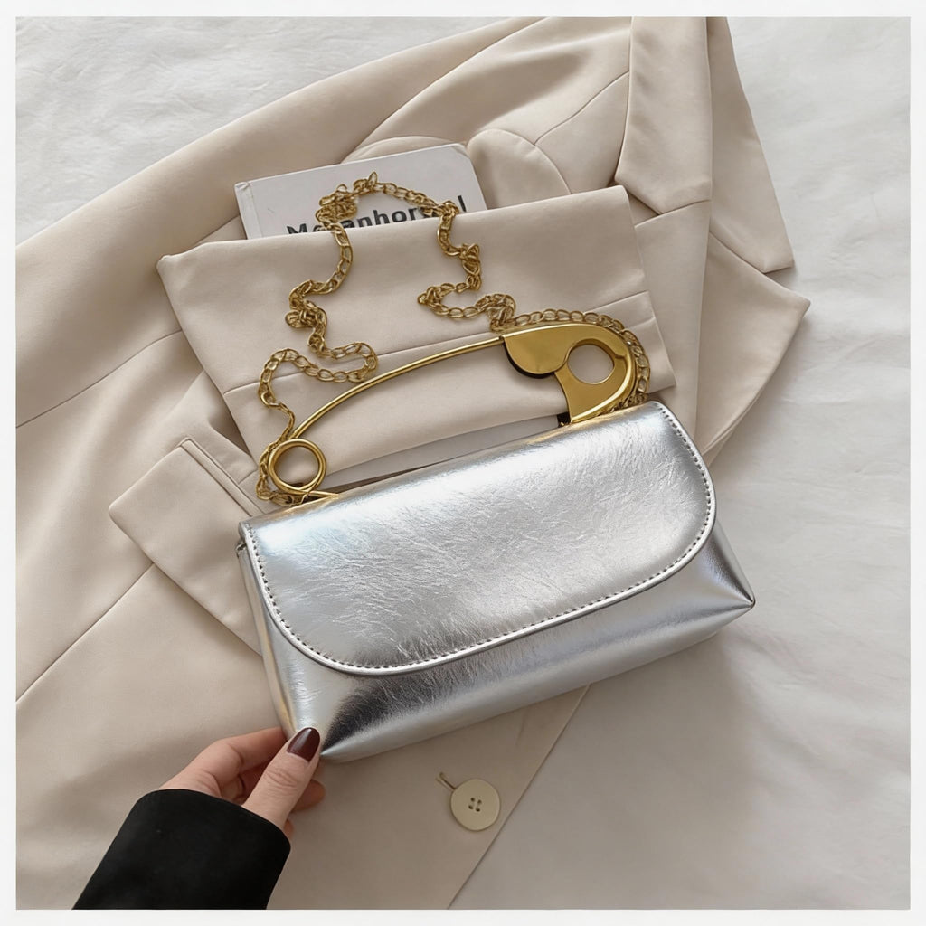 Women's Unique Safety Pin Crossbody Purse | Leather Clutch Bag Gold Handles Chain novelty clutch