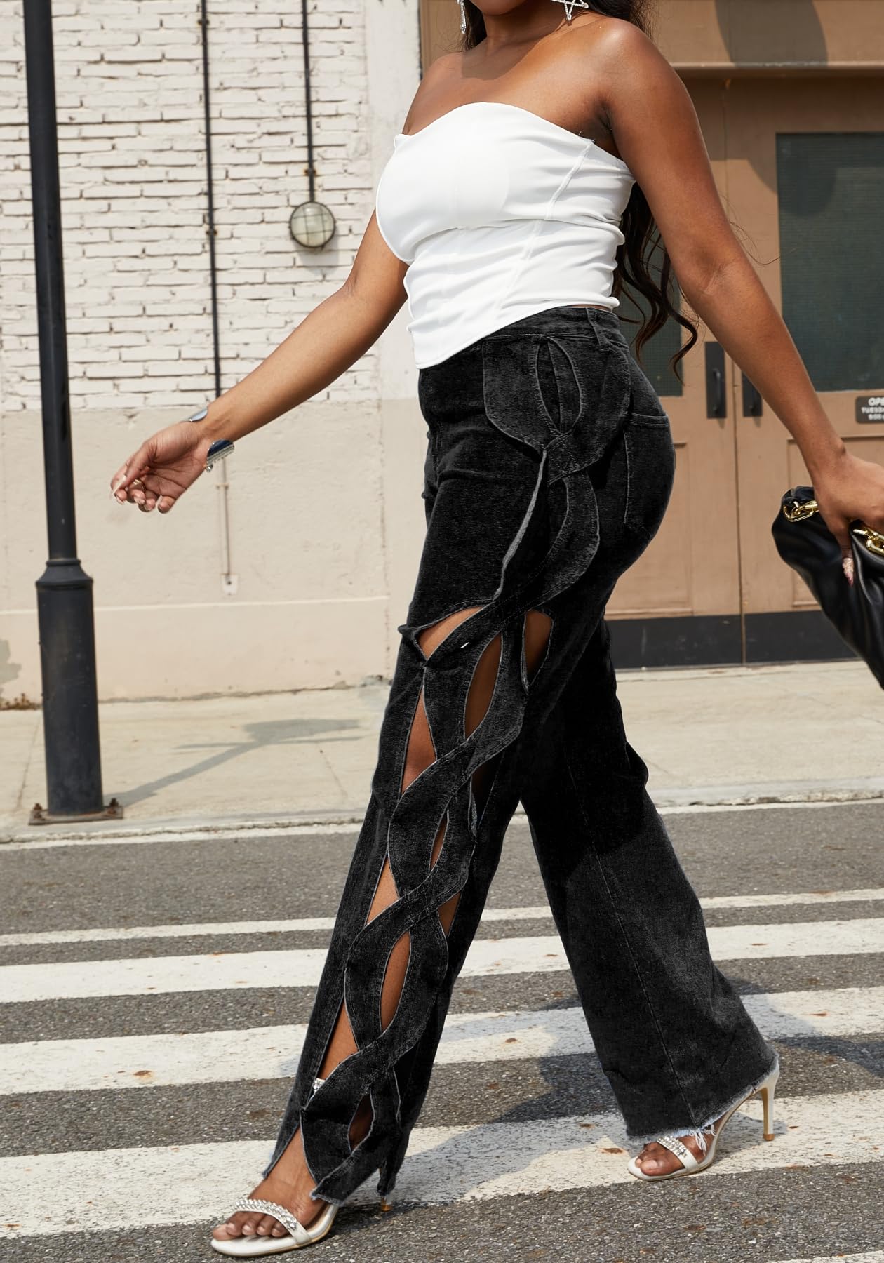 Vaceky Women's Twist Cutout Wide Leg Jeans Lightweight Denim Pant | Modern Patchwork Detail for Brunch, City Outings & Weekend Looks
