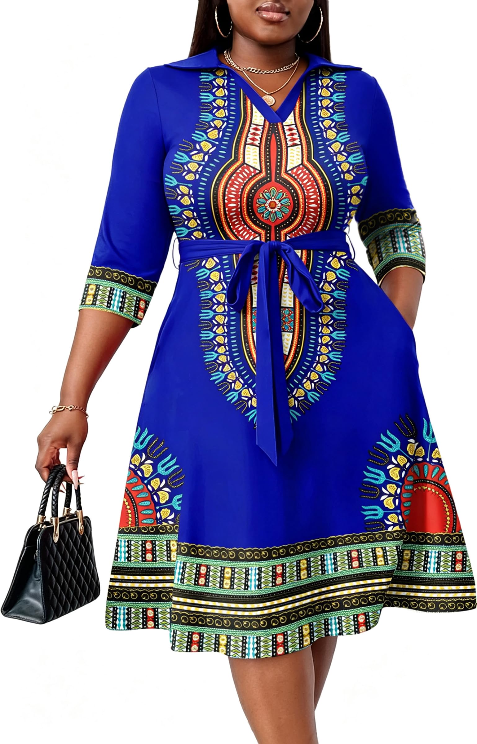 FANDEE Plus Size Midi Dress for Women Casual - Fit and Flare Summer Dresses | Semi Formal,African Print,Polo Collar Cocktail Dress,With Pockets And Belt