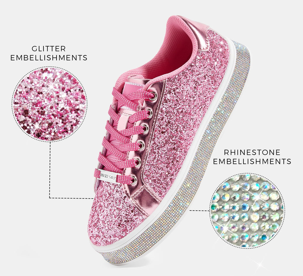 LUCKY STEP Women's Platform Sparkly Glitter Sneakers | Bling Shiny Dressy Bedazzled Wedding Bridal Fashion Walking Shoes