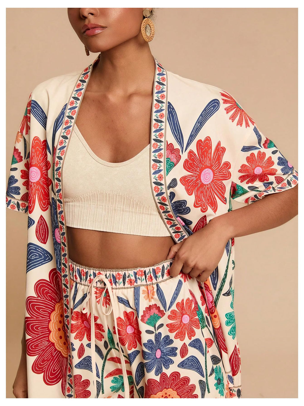MakeMeChic Women's Two Piece Sets Summer Tropical Vacation Outfits Boho Floral Kimono Tops Shorts Set