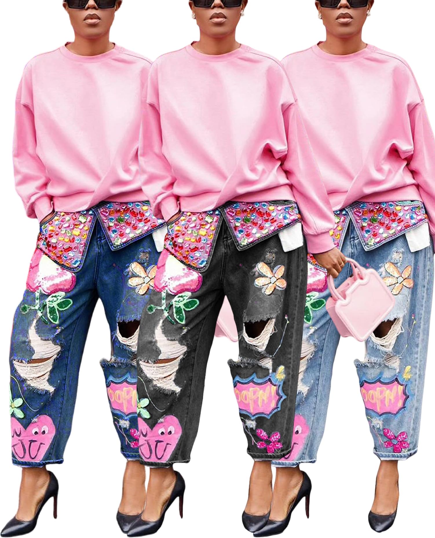 Women's Barrel Jeans Wide Leg High Waist Rhinestone Floral Horseshoe Ripped Baggy Cropped Jeans Denim Pants