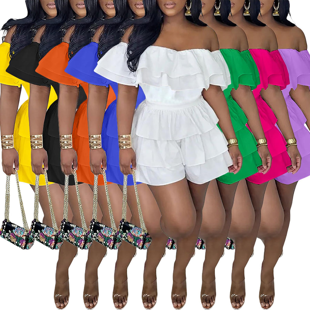 LAJIOJIO Rompers for Women Sexy Off the Shoulder Ruffle Hem Short Jumpsuits | Pleated,Dressy Jumpsuits,Party Outfits,Tiered