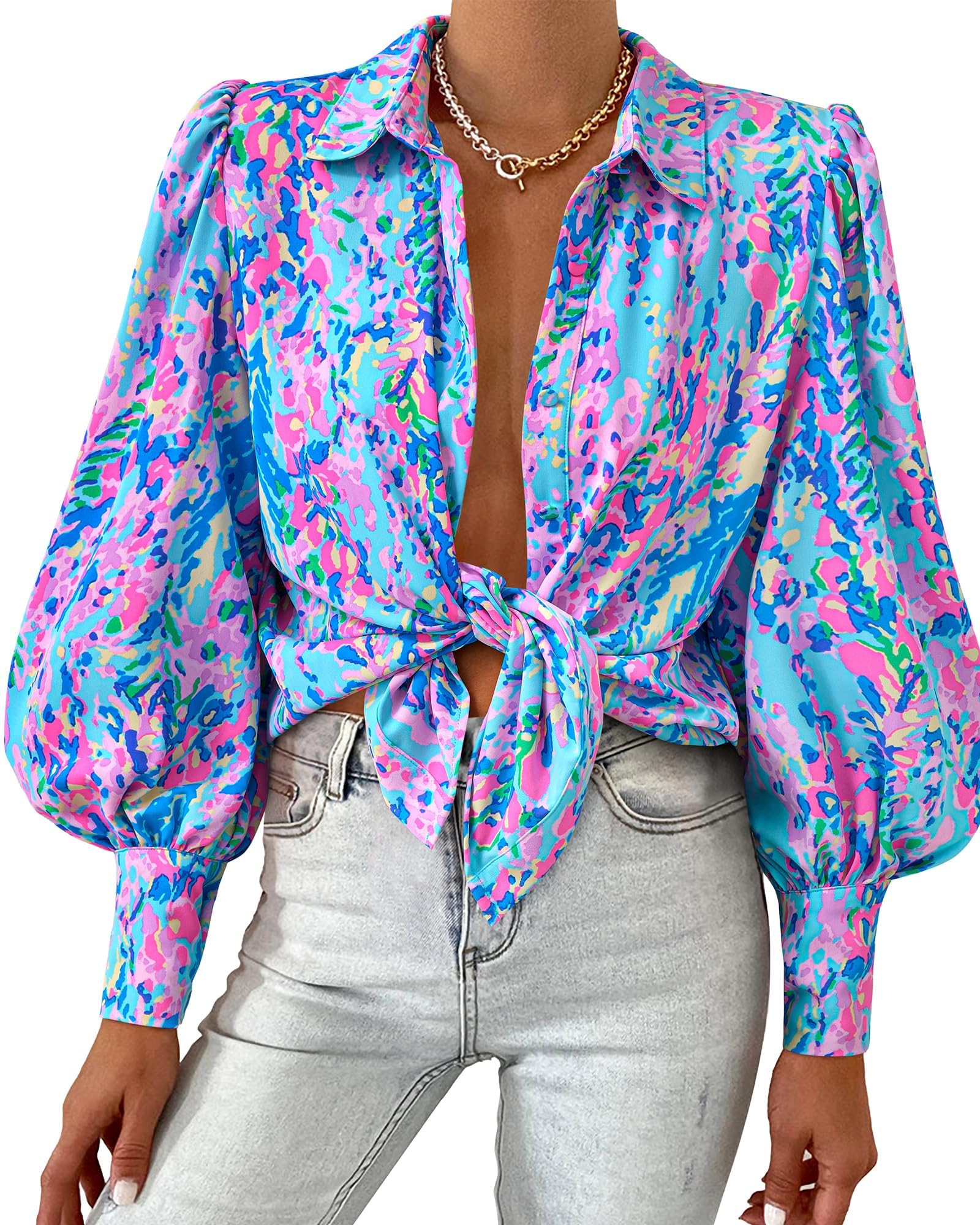 BTFBM Blouses for Women Dressy Casual Long Sleeve Shirts | Lapel V Neck Button Down Shirt, Boho Tops, Disco Outfits, Business Casual Blouse, Fashion Clothing, Summer Fall Clothes 2026