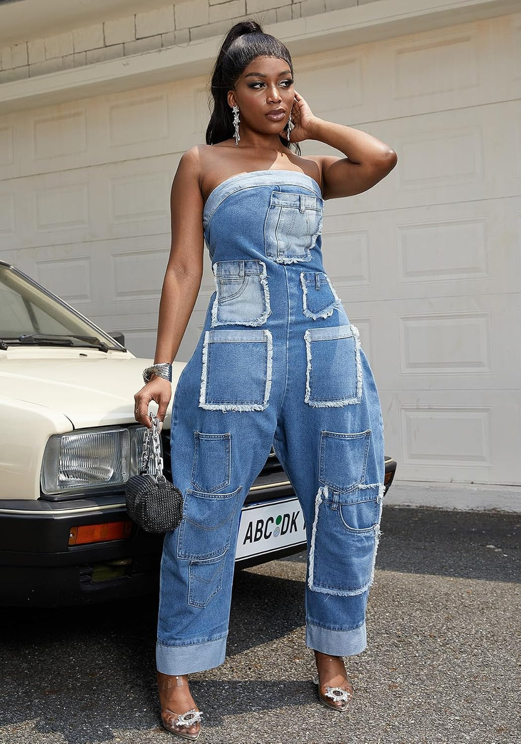 Kwunbwa Strapless Denim Jumpsuit for Women Loose Wide Leg Cargo Jean Romper | Stretch Fabric, Blue One Piece Jean Romper, Patchwork, Multi Pockets, Baggy, Sexy, Plus Size, Suitable for Casual, Street
