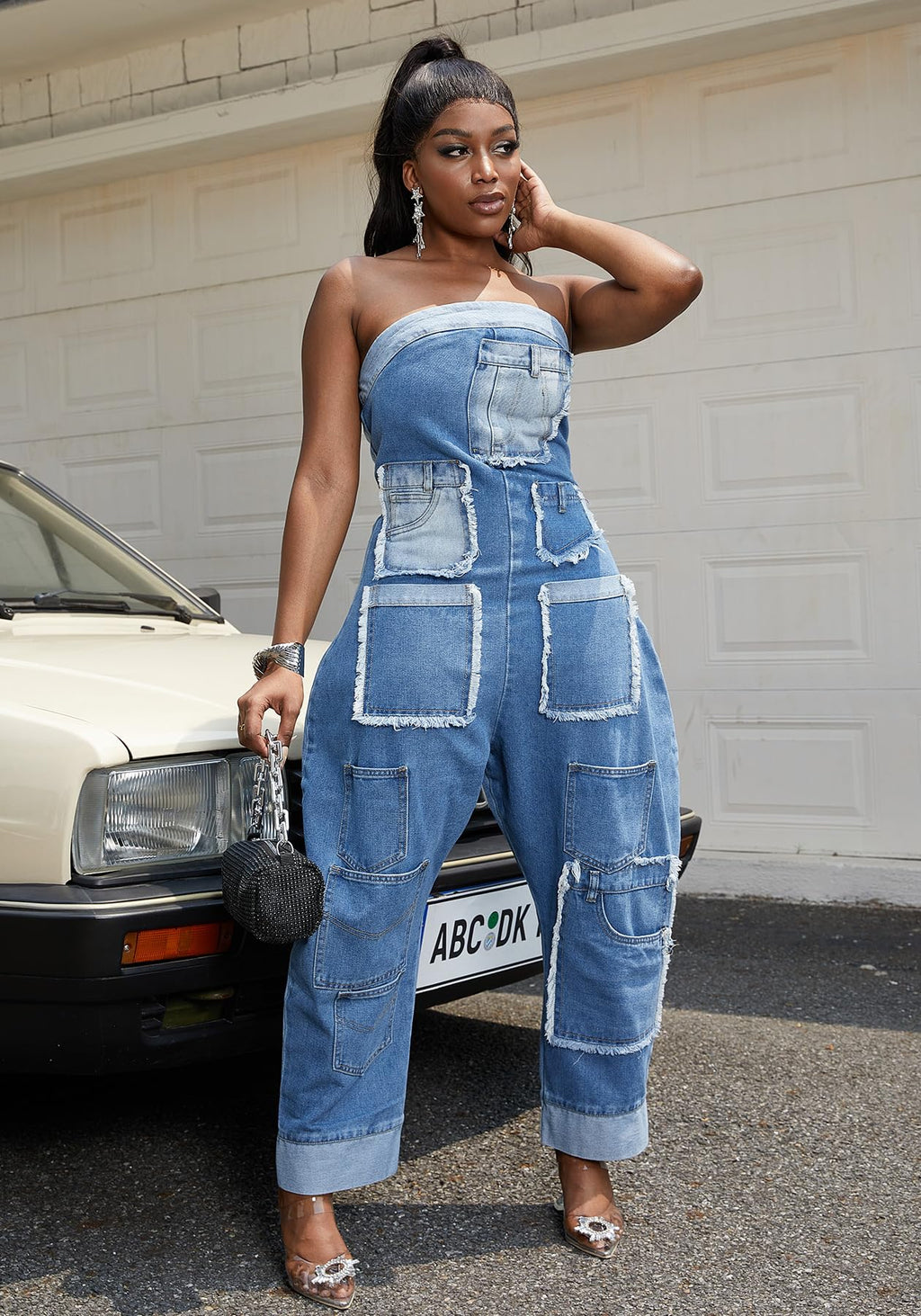 Kwunbwa Strapless Denim Jumpsuit for Women Loose Wide Leg Cargo Jean Romper | Stretch Fabric, Blue One Piece Jean Romper, Patchwork, Multi Pockets, Baggy, Sexy, Plus Size, Suitable for Casual, Street