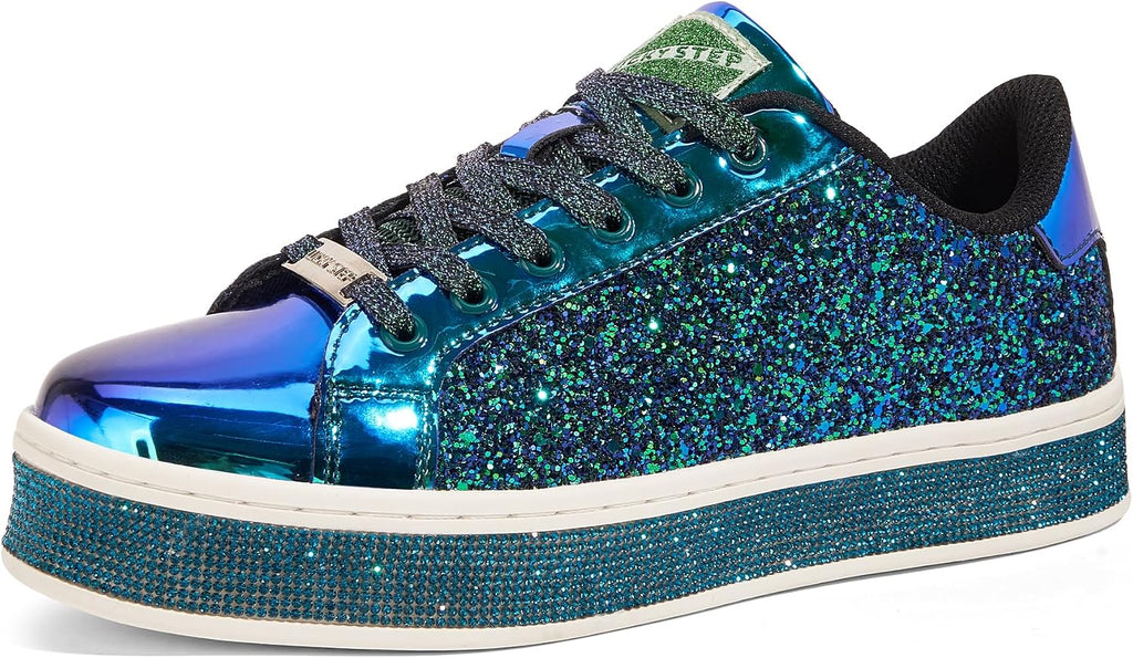 LUCKY STEP Women's Platform Sparkly Glitter Sneakers | Bling Shiny Dressy Bedazzled Wedding Bridal Fashion Walking Shoes
