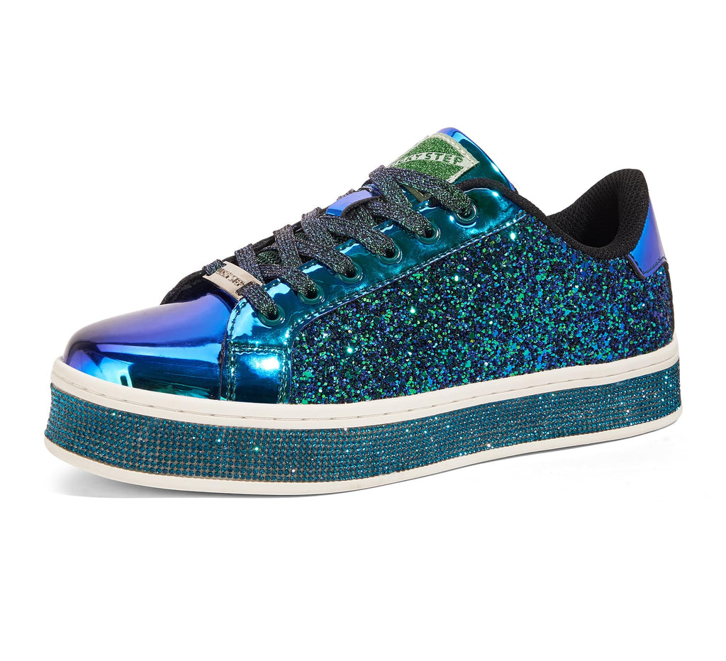 LUCKY STEP Women's Platform Sparkly Glitter Sneakers | Bling Shiny Dressy Bedazzled Wedding Bridal Fashion Walking Shoes