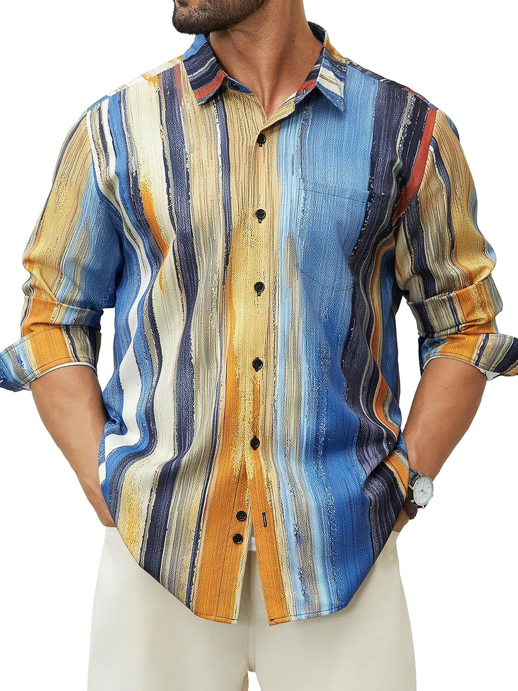 Hardaddy Men's Tropical Floral Button Down Long Sleeve Hawaiian Shirt Flower Printed Beach Shirts