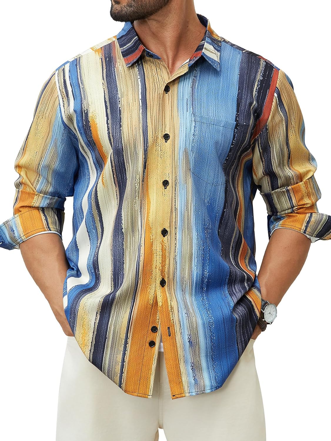 Hardaddy Men's Tropical Floral Button Down Long Sleeve Hawaiian Shirt Flower Printed Beach Shirts