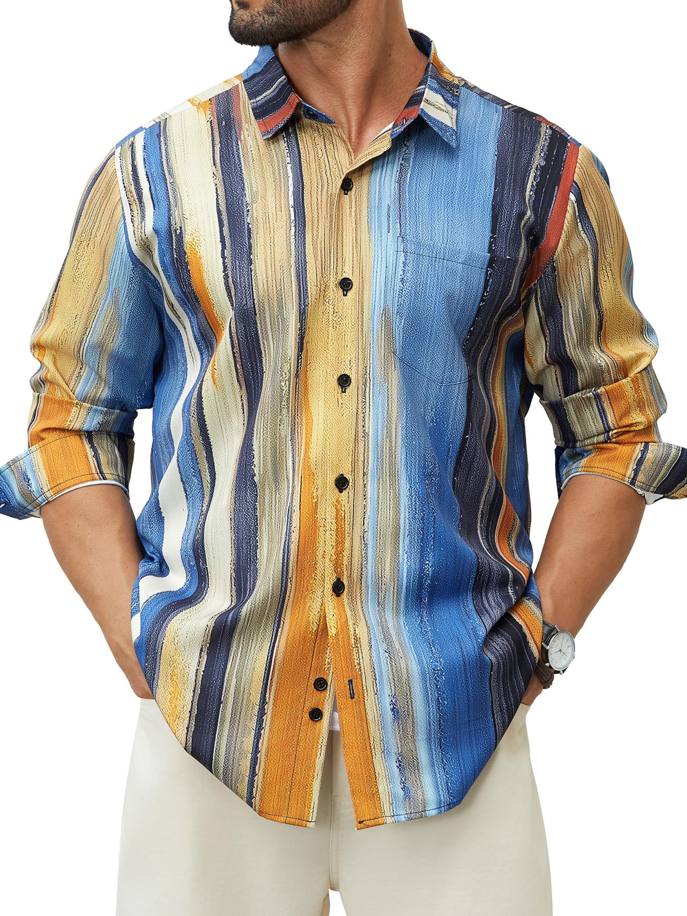 Hardaddy Men's Tropical Floral Button Down Long Sleeve Hawaiian Shirt Flower Printed Beach Shirts