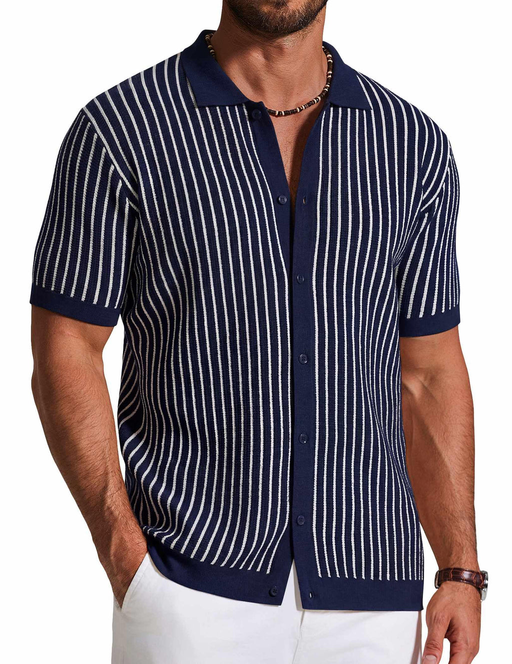 COOFANDY Mens Knit Button Down Shirts Short Sleeve Polo Shirt Vintage Striped Casual Shirts