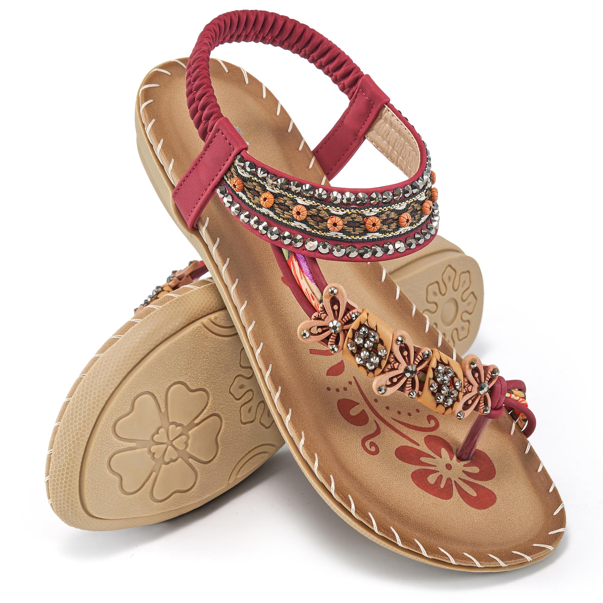 Ablanczoom Flat Sandals for Women Summer: Casual Boho Beaded Toe Ring Dress Shoes - Comfortable Vacation Daily Walking Shoes