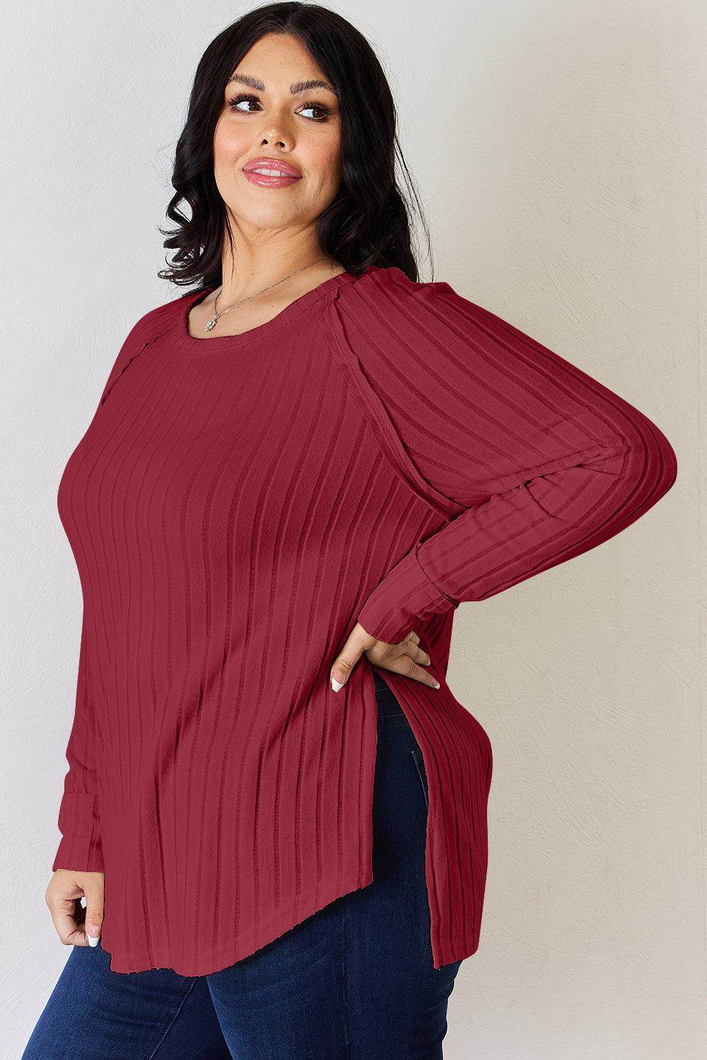 Basic Bae Full Size Ribbed Round Neck Slit T-Shirt for Women