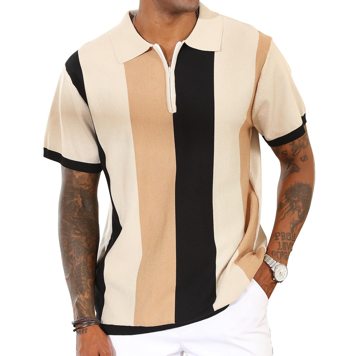 CTU Mens Casual Polo Shirts Vintage Striped Knit Golf Shirts Slim Fit Tops | Fashion,Pullover Dress Shirts,Collared with Zipper,Short Sleeve,Color Blocking,Suit for Daily Casual,Business,Work,Golf