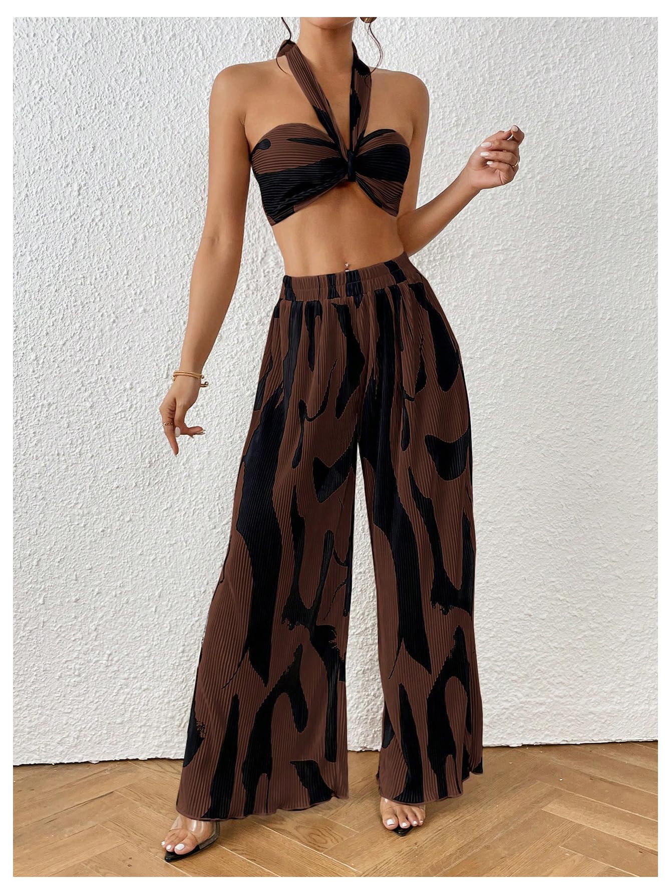 OYOANGLE Women's 2 Piece Graphic Halter Top Wide Leg Pants Vacation Outfits | Knitted, Sleeveless, Crop, High Waist, Beach Club, Summer Sets, Sexy Resort Wear