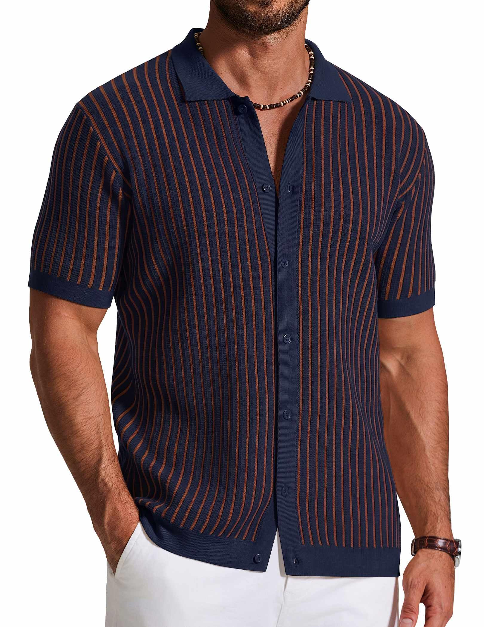 COOFANDY Mens Knit Button Down Shirts Short Sleeve Polo Shirt Vintage Striped Casual Shirts