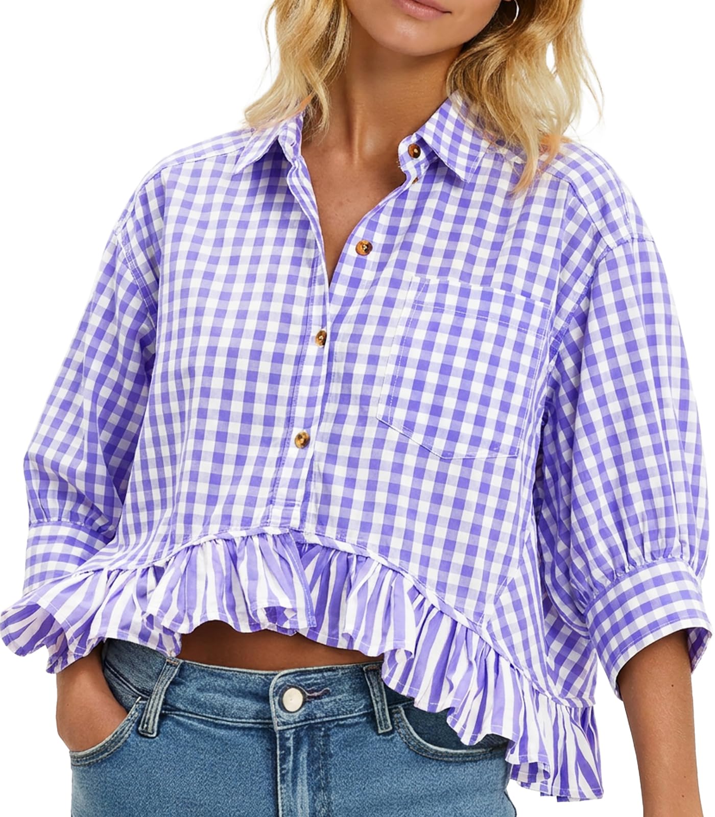 Cicy Bell Womens Cropped Striped Button Down Shirts Ruffle 3/4 Length Tops | Dressy Casual Blouses,Summer V Neck Tops,Vacation Outfits